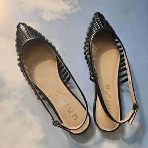 Unisa Black Strappy Flats Mesh Faux Leather Pointed Toe Sling Flats Black Flat